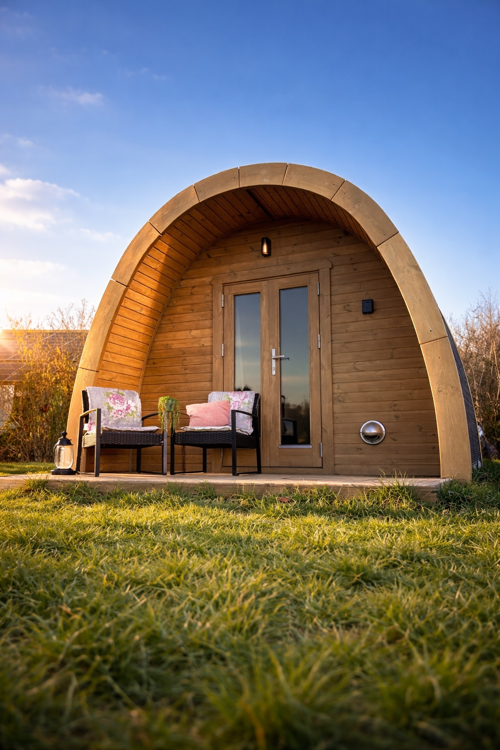 Vrijstaande campingpod met twee slaapkamers, weids uitzicht en privé-relaxplein